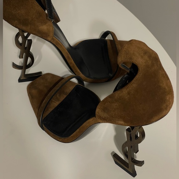 Saint Laurent Opyum Suede Logo Heel Sandals Brown 41.5 YSL Monogram Bronze - Picture 1 of 7